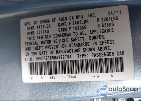 2011 Honda Accord 2.4 Ex-L z USA, uszkodzony, nr VIN 1HGCP2F89BA120704